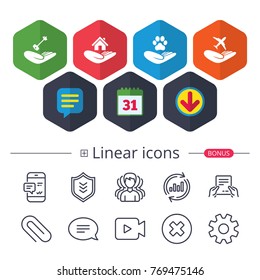 Calendar, Speech bubble and Download signs. Helping hands icons. Shelter for dogs symbol. Home house or real estate and key signs. Flight trip insurance. Chat, Report graph line icons. Vector