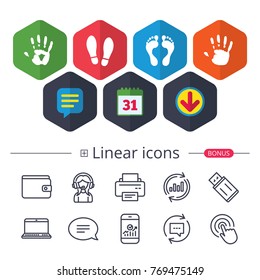 Calendar, Speech bubble and Download signs. Hand and foot print icons. Imprint shoes and barefoot symbols. Stop do not enter sign. Chat, Report graph line icons. More linear signs. Editable stroke