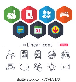Calendar, Speech bubble and Download signs. Bowling and Casino icons. Video game joystick and playing card with puzzles pieces symbols. Entertainment signs. Chat, Report graph line icons. Vector