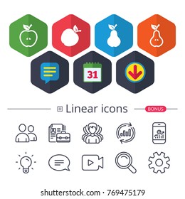 Calendar, Speech bubble and Download signs. Fruits with leaf icons. Apple and Pear with seeds signs. Natural food symbol. Chat, Report graph line icons. More linear signs. Editable stroke. Vector