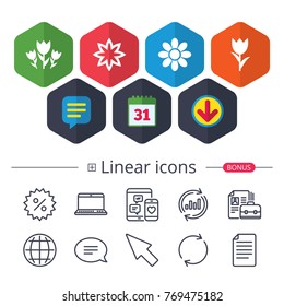 Calendar, Speech bubble and Download signs. Flowers icons. Bouquet of roses symbol. Flower with petals and leaves. Chat, Report graph line icons. More linear signs. Editable stroke. Vector