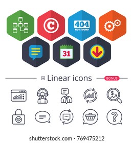 Calendar, Speech bubble and Download signs. Website database icon. Copyrights and gear signs. 404 page not found symbol. Under construction. Chat, Report graph line icons. More linear signs. Vector