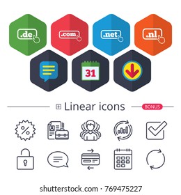 Calendar, Speech bubble and Download signs. Top-level internet domain icons. De, Com, Net and Nl symbols with hand pointer. Unique national DNS names. Chat, Report graph line icons. More linear signs