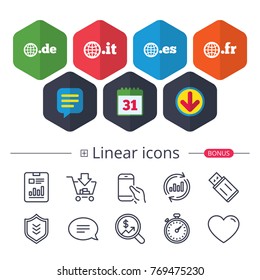 Calendar, Speech bubble and Download signs. Top-level internet domain icons. De, It, Es and Fr symbols with globe. Unique national DNS names. Chat, Report graph line icons. More linear signs. Vector