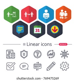 Calendar, Speech bubble and Download signs. Gamer icons. Board and PC games players signs. Player vs PC symbol. Chat, Report graph line icons. More linear signs. Editable stroke. Vector