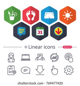 Calendar, Speech bubble and Download signs. Beach holidays icons. Cocktail, human footprints and swimming trunks signs. Summer sun symbol. Chat, Report graph line icons. More linear signs. Vector