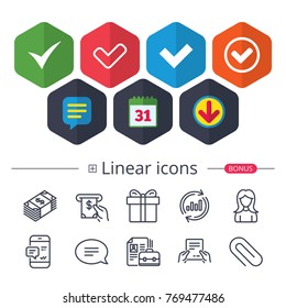 Calendar, Speech bubble and Download signs. Check icons. Checkbox confirm circle sign symbols. Chat, Report graph line icons. More linear signs. Editable stroke. Vector