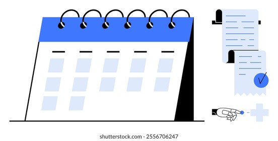 Calendar with spiral binding alongside a rolled paper checklist. A checkmark beside the paper and a hand pointing at a plus sign. Ideal for planning, scheduling, to-do lists, organization