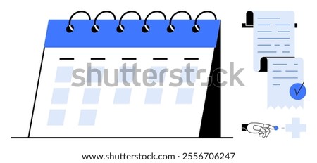 Calendar with spiral binding alongside a rolled paper checklist. A checkmark beside the paper and a hand pointing at a plus sign. Ideal for planning, scheduling, to-do lists, organization