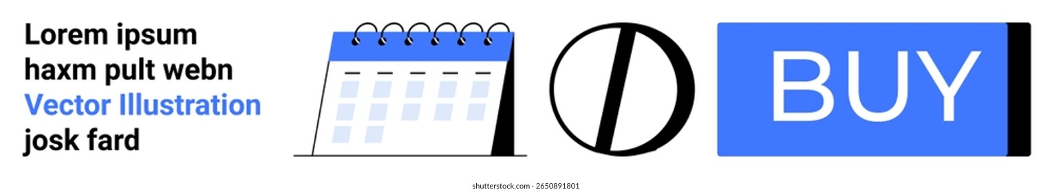 Calendário com ligação em espiral, gráfico de pizza e botão BUY azul retangular. Ideal para plataformas de compras, comércio eletrônico, aplicativos de agendamento, visualização de dados, sites de marketing e mercados on-line