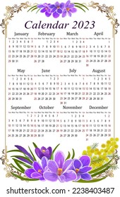 Calendario con flores primaverales.Ilustración vectorial con cruces y mimosa en la decoración del calendario para el nuevo año 2023 sobre un fondo transparente.
