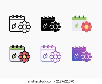 Calendar spring icon set with line, outline, flat, filled, glyph, color, gradient. Editable stroke and pixel perfect. Can be used for digital product, presentation, print design and more.