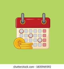 Calendar with stack of gold coins vector illustartion. Concept of tax payment. Financial reminder.