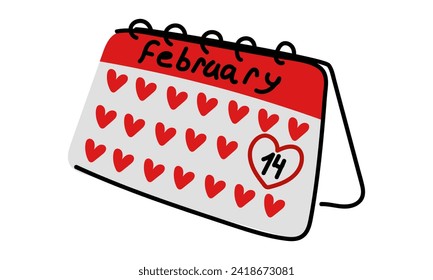 El calendario se sostiene con corazones y 14 garabatos planos vectoriales. Feliz Día de San Valentín. Un icono de calendario con un corazón pintado. Doodles dibujados a mano. Ilustración vectorial, diseño plano. Todo el calendario