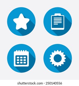 Calendar and Star favorite icons. Checklist and cogwheel gear sign symbols. Circle concept web buttons. Vector