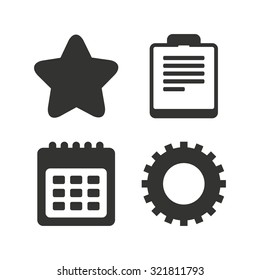 Calendar and Star favorite icons. Checklist and cogwheel gear sign symbols. Flat icons on white. Vector