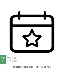 Calendário com ícone de estrela. Evento importante, compromisso, sinal de calendário linear plano preto, conceito do cronograma. Estilo de contorno simples. Projeto de ilustração de vetor de linha isolado no fundo branco. EPS 10.