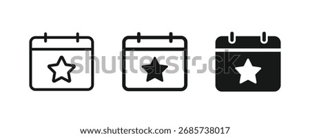 Calendar with star icon. Special event solid glyph and line icon with star on a calendar. Celebration important appointment icon. Party date reminder planner symbol vector illustration