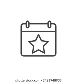 Calendar with a star line icon. linear style sign for mobile concept and web design. Star page calendar outline vector icon. Symbol, logo illustration. Vector graphics