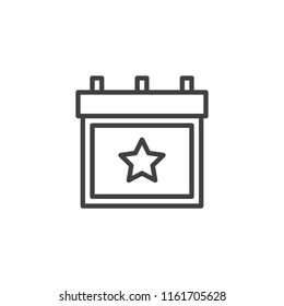Calendar with star outline icon. linear style sign for mobile concept and web design. Favourites Day simple line vector icon. Symbol, logo illustration. Pixel perfect vector graphics