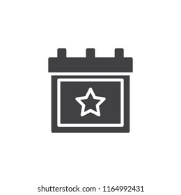 Calendar with star vector icon. filled flat sign for mobile concept and web design. Favourites Day simple solid icon. Symbol, logo illustration. Pixel perfect vector graphics