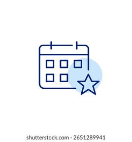 Calendar and star. VIP appointment, special day reminder. Pixel perfect, editable stroke vector icon