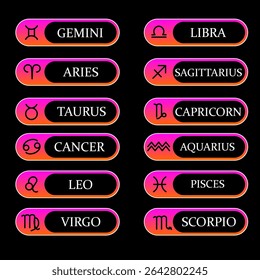 Calendar Stars Astrological Constellation Symbols. 12 zodiac icons Scorpio, Pisces, Virgo, Lion. Abstract Aries and Aquarius. vector