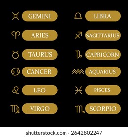 Calendar Stars Astrological Constellation Symbols. 12 zodiac icons Scorpio, Pisces, Virgo, Lion. Abstract Aries and Aquarius. vector