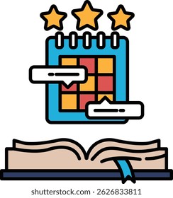 A calendar with stars and a book with a blue cover. The calendar has a star on the top left corner and a star on the top right corner