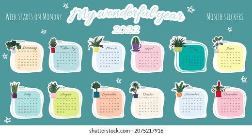 Calendar stickers for 2022 by month. Week starts on Monday. Stickers with decorative house plants in a square format. Calendars by month for planner, diary, scrapbooking.