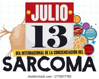
Calendar, sticky tumor and tissues samples representation, promoting to celebrate International Sarcoma Awareness Day in July 13 (texts written in Spanish).