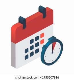 Calendar with stopwatch icon. Isometric color calendar isolated on white background. Vector illustration 