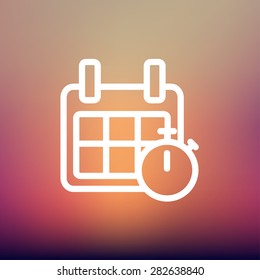 Línea delgada del icono de calendario y cronómetro para diseño de web y móvil, minimalista moderno y plano. Icono blanco vectorial en el fondo de malla gradiente.