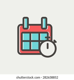 Calendar and stopwatch icon thin line for web and mobile, modern minimalistic flat design. Vector icon with dark grey outline and offset colour on light grey background.