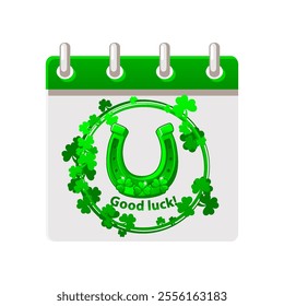 Calendar with St.Patricks Day, Horseshoe in clovers wreath for your greeting card, sticker, design, print or invitation