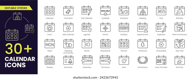 Juego de iconos de la barra de herramientas del calendario. Contiene los iconos de fecha, horario, mes, semana, cita, agenda, organización y evento. Colección de iconos de Stroke editable. Ilustración vectorial.