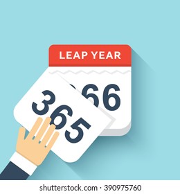 Calendar style flat leap year 366 days. Isolated calendar on blue. Hand and calendar. Hand tears calendar. Hand leafing through calendar