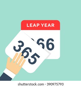 Calendar style flat leap year 366 days. Isolated calendar on blue. Hand and calendar. Hand tears calendar. Hand leafing through calendar