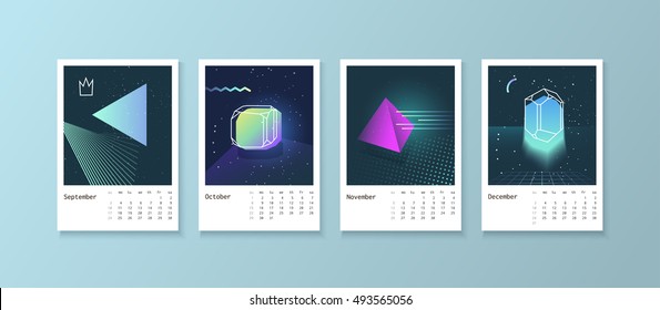 Calendar style with space 80 crystals. Calendar 2017  Week starts on Monday. Scheduler with neon diamonds. Part 3 September, October, November, December