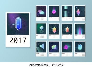 Calendar style with space 80 crystals. Calendar Week starts on Monday. Scheduler with neon diamonds.