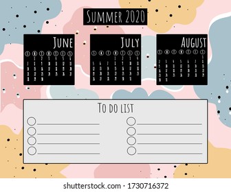 Calendar for summer 2020. Summer planer. Trendy summer calendar planer in Scandinavian style.