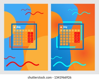 Calendar for the summer month July for the summer season. Vector illustration.