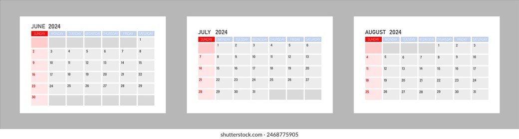 calendar of summer months 2024. June July August