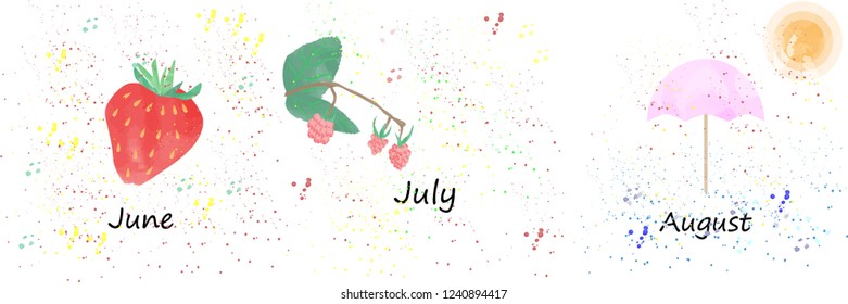 Calendar for the summer. Strawberry, raspberry and beach umbrella watercolor