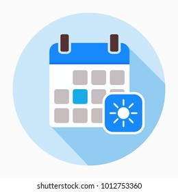 Calendar with sun icon vector, filled flat sign, solid pictogram isolated on white. Summer season vacation calendar symbol, logo illustration