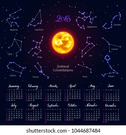 Calendar, sun, zodiac signs, 2018, night sky background, lettering. Wall planner in astrological theme. Vector illustration