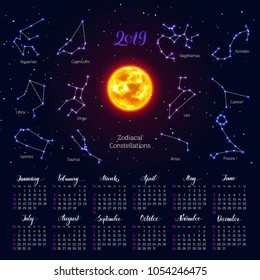 Calendar, sun, zodiac signs, 2019, night sky background, lettering. Wall planner in astrological theme. Vector illustration