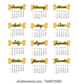 Calendar from Sunday to Saturday for 2018 the year of the yellow dog. Hand inscriptions Months.