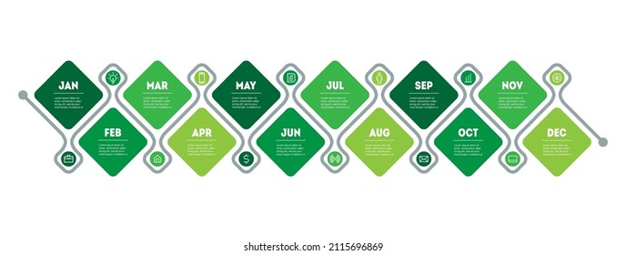 Calendar of sustainable development. Timeline or infographics with twelve parts. Eco Business concept with steps or processes. Calendar for 12 months. Global green politics.
