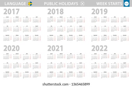 Calendar in Swedish language for year 2017, 2018, 2019, 2020, 2021, 2022. Week starts from Monday. Vector calendar.
